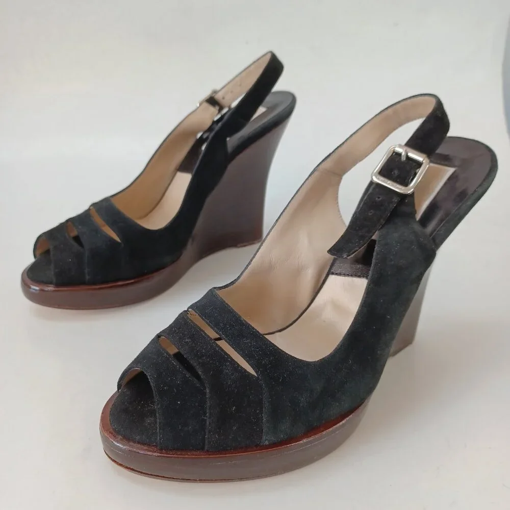 Michael Kors Black Suede Wedge Womens US 7.5 M Heels Retro Look Made‎ In Italy